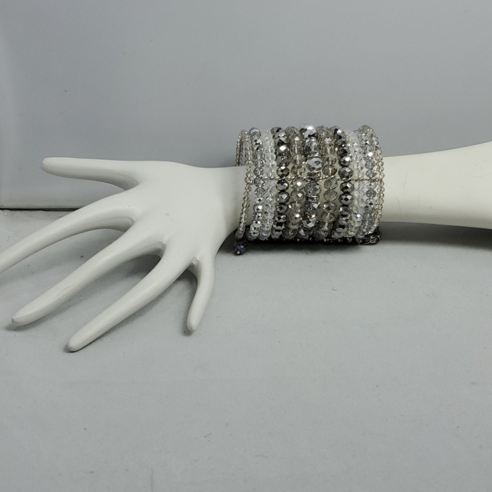 Ali Khan 11-Row Beaded Gray & Clear Open Bracelet